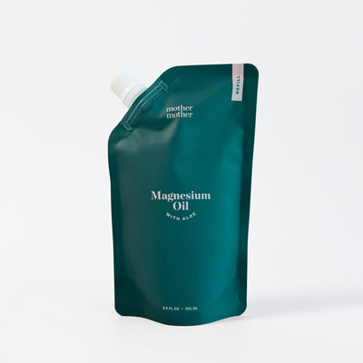 Green pouch of magnesium oil with a white pump on a white background
